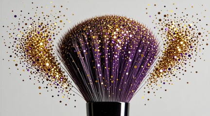 Fototapeta premium Purple makeup brush with gold and purple glitter sparkles. Cosmetic tool for applying powder foundation or blush. Beauty product accessory for makeup artist.
