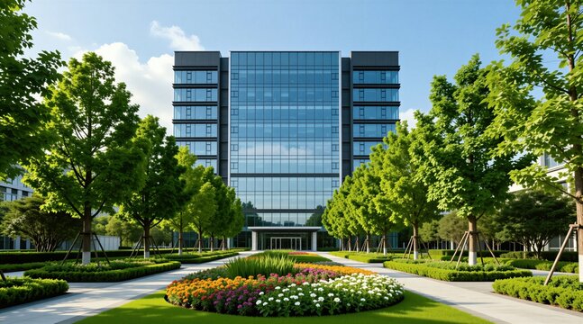 Modern office building with glass facade surrounded by green trees and manicured flower beds. Building has clean contemporary design with sunlit blue sky background. Landscaped area with pathways.