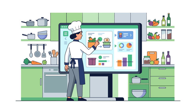 Professional female chef managing restaurant digital inventory and analytics on large interactive screen flat design vector illustration.