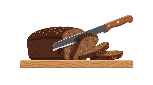 Sliced dark rye bread loaf with seeds on wooden cutting board and bread knife flat design vector illustration