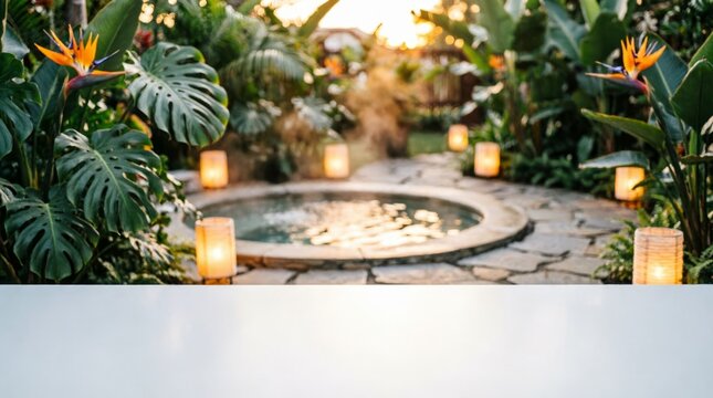 Tropical Garden with Stone Pond and Candles at Sunset for Relaxation Concept