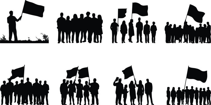 Protest crowd silhouette collection featuring demonstrators flag bearers public rally and peaceful community gathering isolated vector set