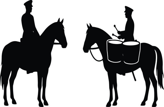 Black vector silhouettes of military mounted cavalry officers featuring a soldier playing kettledrums on horseback