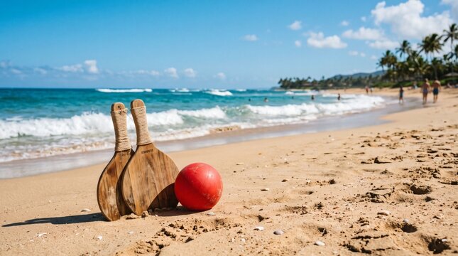 Beach Paddleball Game Equipment on Sandy Shoreline with Ocean Waves and Palm Trees.