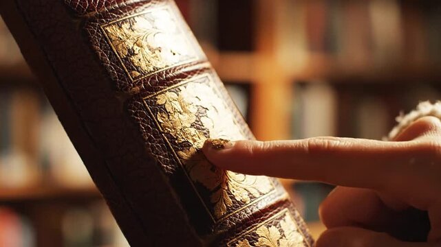 Finger touching spine of leather bound antique library book.