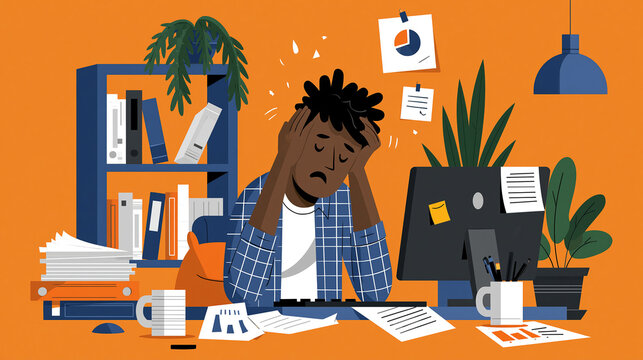 Overwhelmed Office Worker: Stress and Frustration at a Cluttered Workspace with Heavy Workload