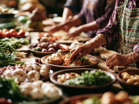 Warm hands mix fresh vegetables on a rustic wooden table