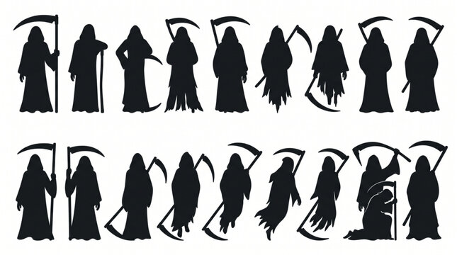 Collection of grim reaper death silhouette design element art. Spooky grim reaper with scythe icons for Halloween. Horror character vector silhouette symbols. Dark ghost phantom set for design.