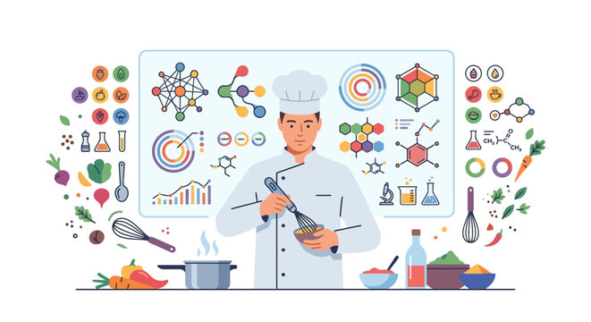 Professional male chef whisking ingredients while experimenting with culinary science and data charts flat vector illustration.
