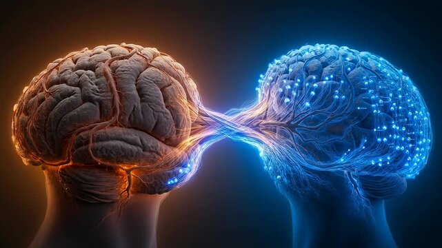 Two human brains connected with neural fibers representing artificial intelligence and mind synergy