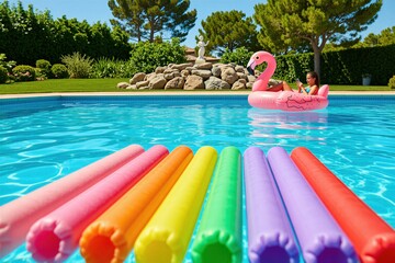 Naklejka premium Young woman floats on pink flamingo inflatable in swimming pool. She uses her mobile phone. Colorful pool noodles are in the foreground. Sunny summer day.
