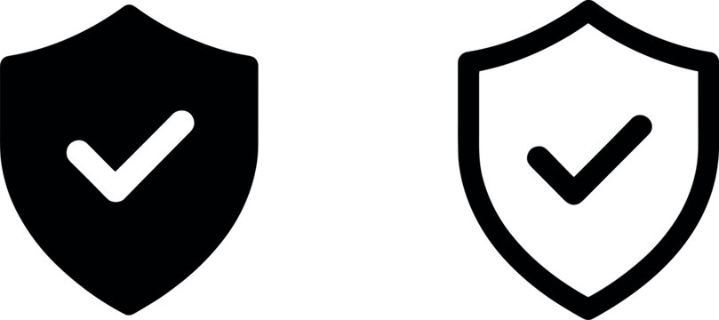 Two minimalist black shield icons with checkmarks representing digital security, verified safety, and reliable protection.