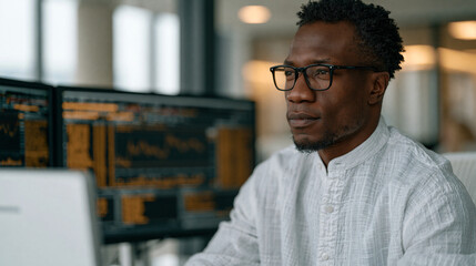Fototapeta premium Nigerian central bank economist reviewing interest rate decision modeling on dual monitors in a government office, policy brief documents highlighted, institutional gravity in a