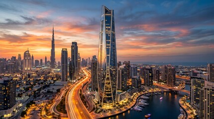 Naklejka premium Aerial view of Dubai at sunset showing the Burj Khalifa, modern skyscrapers and Dubai Marina waterfront with illuminated highways, reflections on water and vibrant urban evening lights.