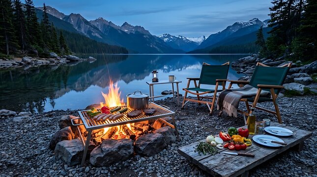 Barbecue grill with food over a campfire by a calm mountain lake at twilight. campfire dinner setup