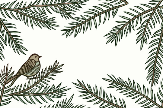 Vintage style bird perched on pine branches frame with christmas illustration template greeting seasonal wildlife background decorative