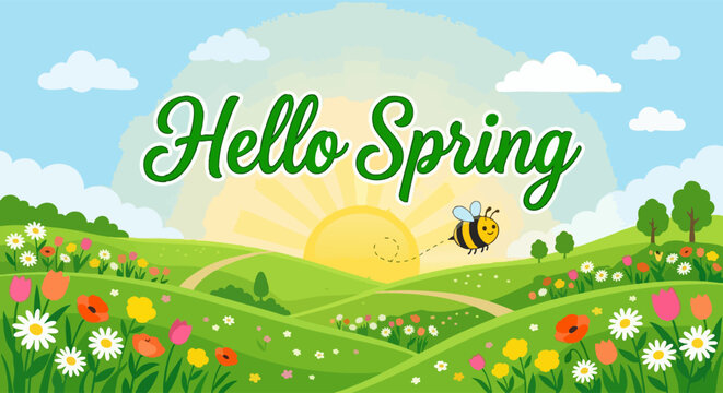 Hello Spring text on sunny hills landscape with flowers and bee