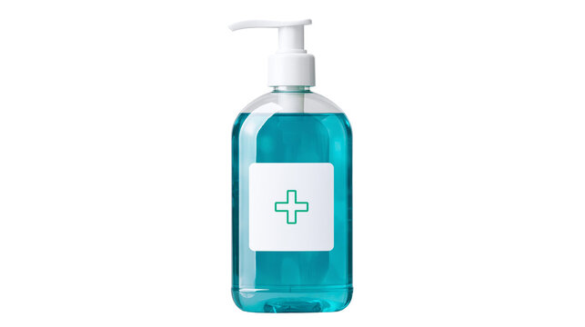 Clear plastic pump bottle with blue liquid and white label with green cross
