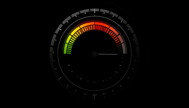 Digital Gauge Meter Displaying Performance Levels with Color-Coded Segments from Green to Red on a Dark Background