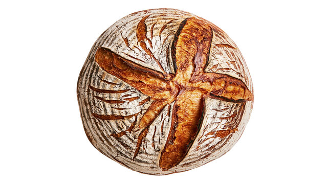 Round sourdough bread with scoring pattern and crusty texture