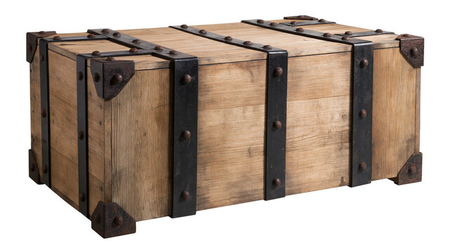 Wooden antique chest with metal straps and rivets