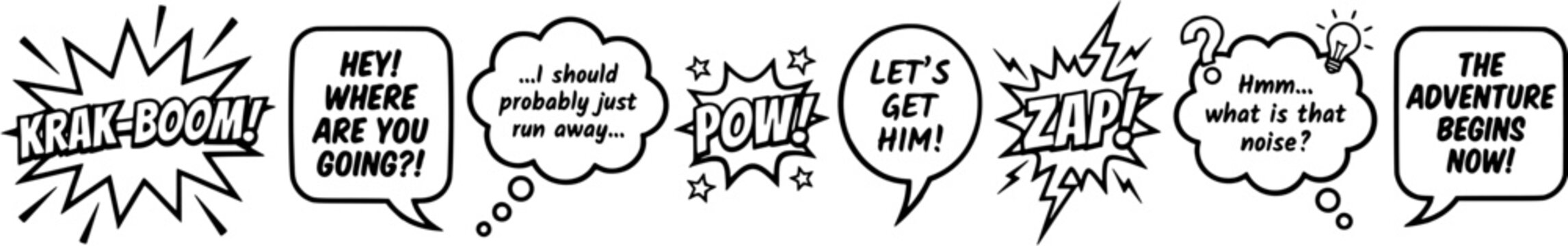 Comic speech bubble set in a flat black outline style including sound effects, dialogue clouds and thought bubbles with text.