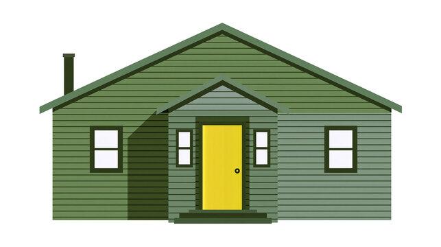 Green wooden house with yellow door and chimney