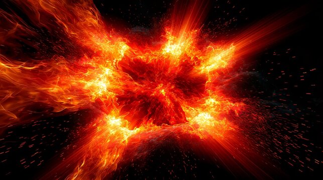 3D illustration of abstract fire flames and light rays exploding on black background, dynamic energy burst effect with glowing heat fire particles, dramatic fiery explosion concept in dark space