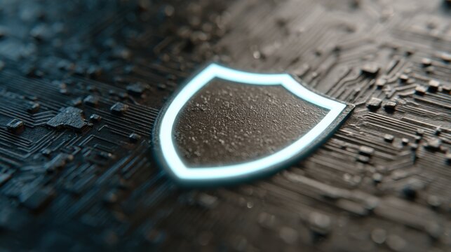 Glowing Digital Shield Icon Protecting a Computer Circuit Board Concept, Representing Cyber Security and Data Protection.