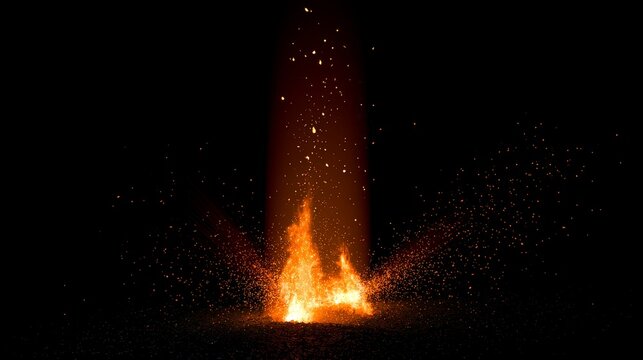 3D illustration of abstract fire flames and light rays exploding on black background, dynamic energy burst effect with glowing heat fire particles, dramatic fiery explosion concept in dark space