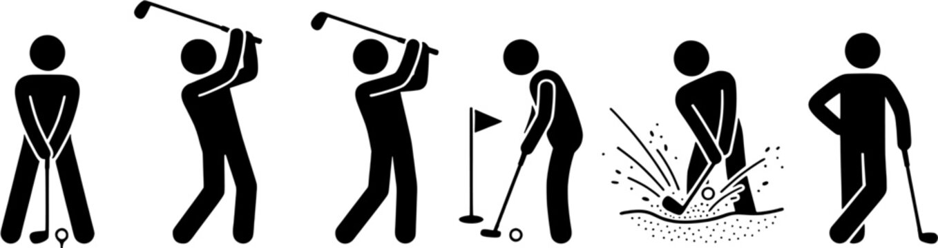 Golf icon set in a flat black silhouette style including golf swing, putting, bunker shot and player stance.