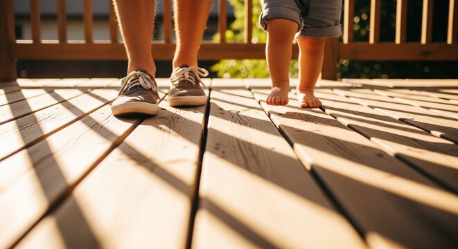 Low angle shot focusing on the feet of an adult wearing sneakers and a toddler walking barefoot on a sunny wooden deck
