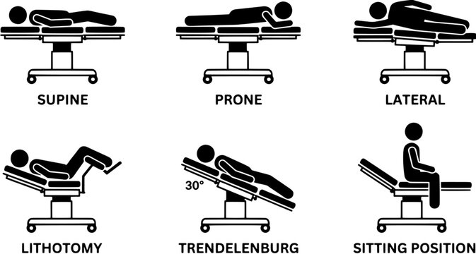 Surgical patient positioning icon set including supine, prone, lateral, lithotomy, trendelenburg and sitting positions on an operating table.