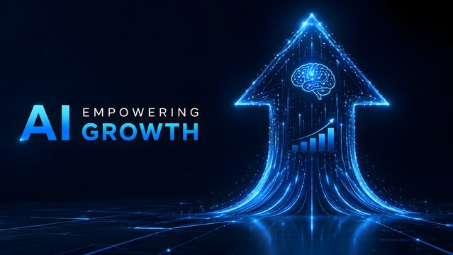 Large glowing upward arrow containing digital brain and bar chart with AI Empowering Growth text for future tech success