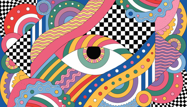 Creative groovy eye design featuring hypnotic checkerboard motifs and imaginative psychedelic styling.
