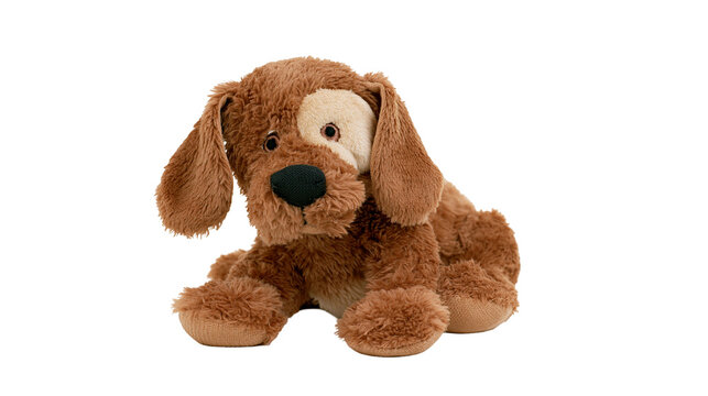Plush brown dog toy with light patch over eye