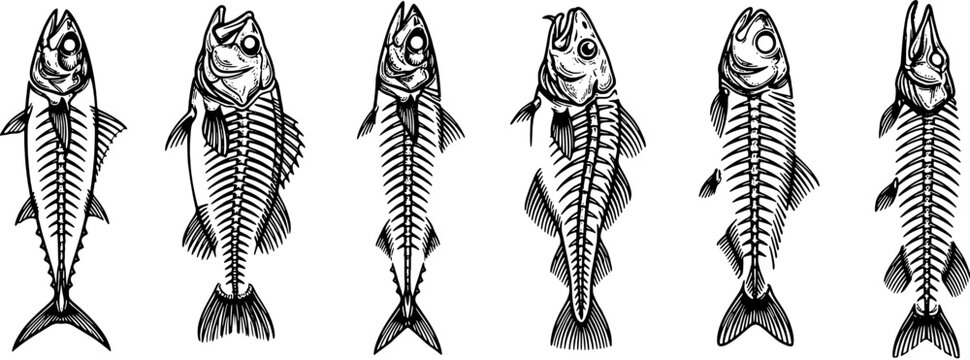 Fish skeleton icon set in a hand-drawn ink style including various fish bones and anatomy illustrations. Editable vector illustration on white background.