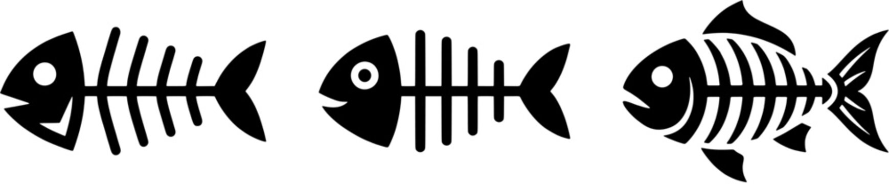 Fish skeleton icon set in a flat black silhouette style including different designs of fish bones.