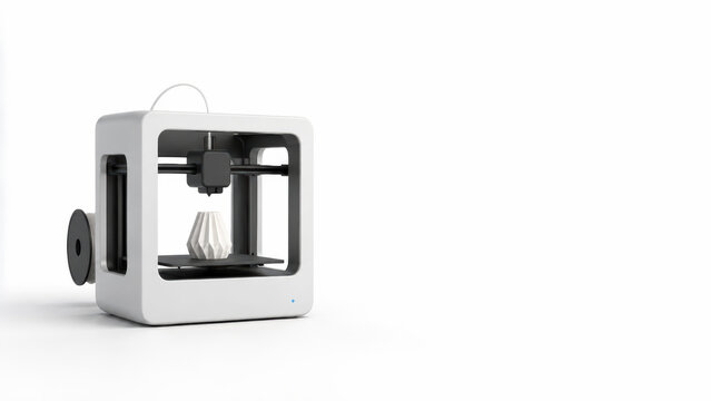 Compact desktop 3D printer producing geometric vase on white background