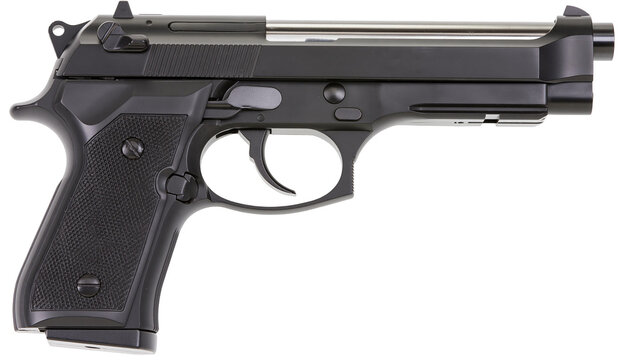 Black semi-automatic pistol with textured grip and silver barrel