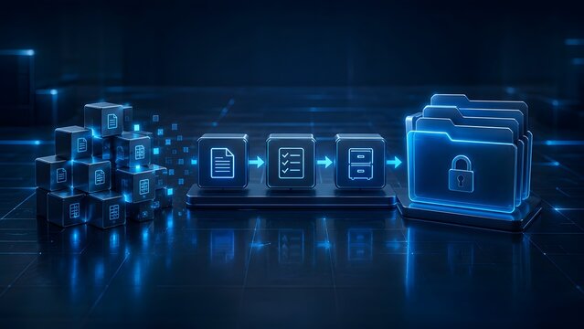 Futuristic digital archiving concept showing data cubes transforming into secure locked folders and digital documents through a virtual workflow process