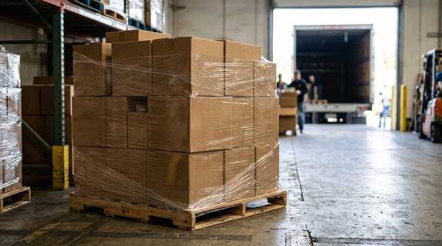Cardboard boxes wrapped on a pallet inside a warehouse, near an open truck door.