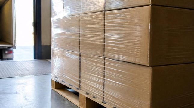 Cardboard boxes wrapped on a pallet inside a warehouse, near an open truck door.