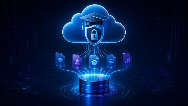 Cloud based education data security concept showing a digital academic cap and locked shield connected to secure student record nodes on a futuristic server