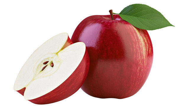 Whole red apple with green leaf and half apple slice showing seeds