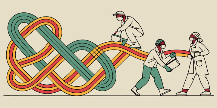 Technicians work together to untangle complex systems and streamline chaotic workflows in a professional environment.