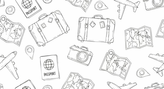 Seamless pattern with hand drawn travel elements.