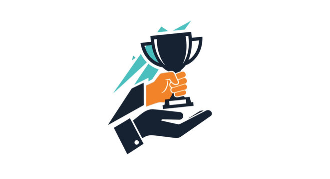 Hand holding a trophy cup symbol.
