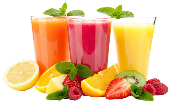 Three glasses of colorful fruit juices with fresh fruits and mint leaves