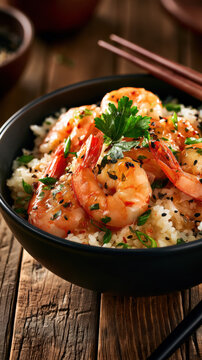 Fresh shrimp with herbs and sauce sit atop rice